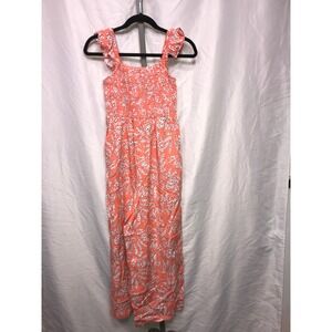 LOFT Coral Botanical Print Smocked Wide Leg Jumpsuit Women's XS